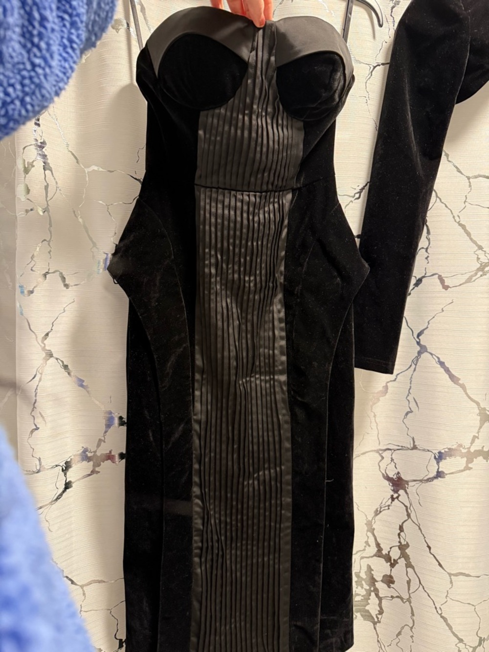 Black Strapless Velvet Cocktail Dress with Pleated Satin Panel